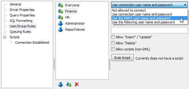 This image shows the Edit ADO Connection dialog with the User/Group Rules option selected.